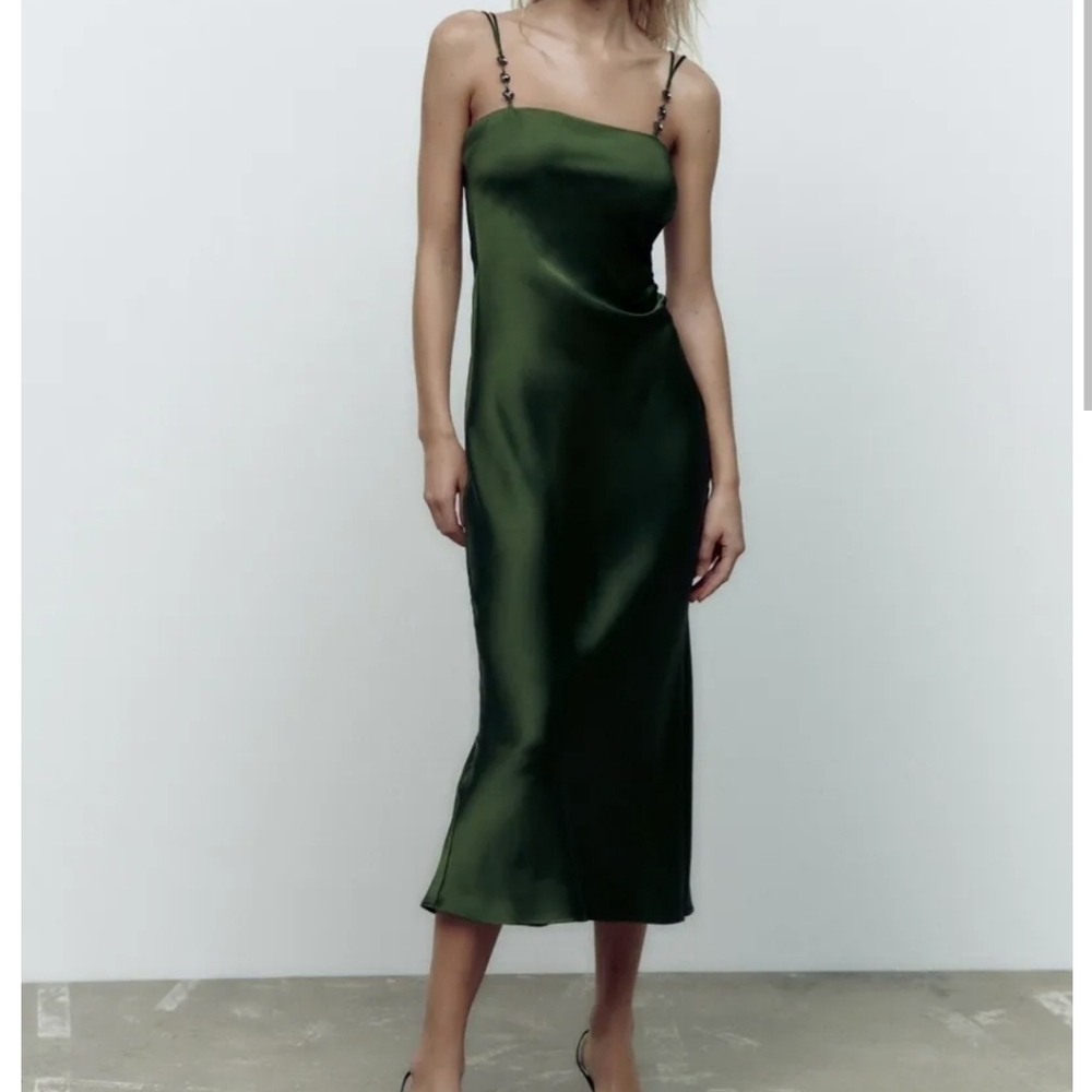 New Zara Satin Effect Jewel Straps Green Midi Dress NWT XS - Picture 4 of 17